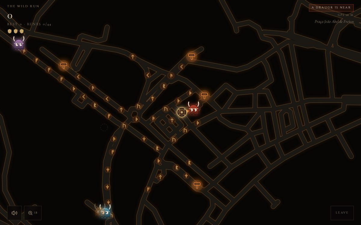 The Wild Run — a shield moving through a rune maze drawn over the streets of Santa Cruz